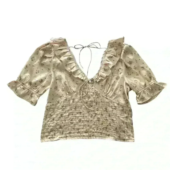 FREE PEOPLE Isabella Silky Floral Ruffle Babydoll Blouse in Copper color - Picture 6 of 10